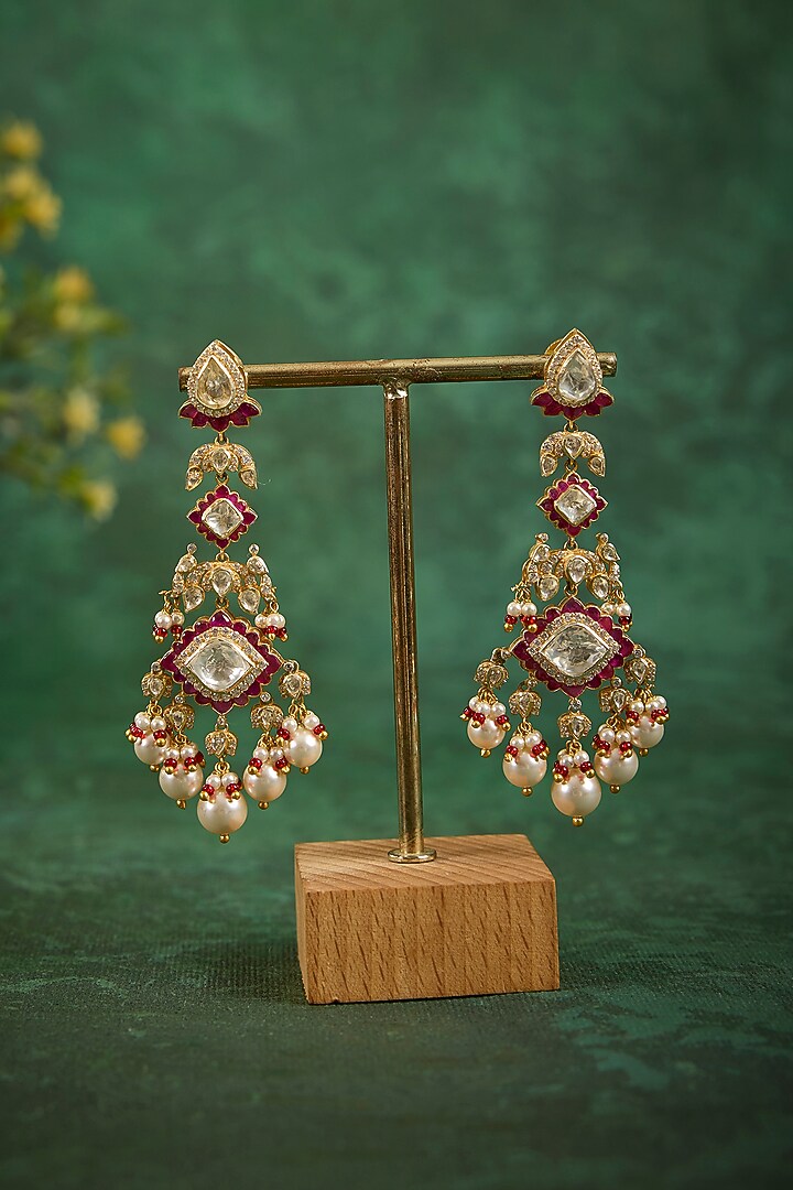 Gold Plated Kundan Polki & Ruby Stone Dangler Earrings In Sterling Silver by Kaari at Pernia's Pop Up Shop