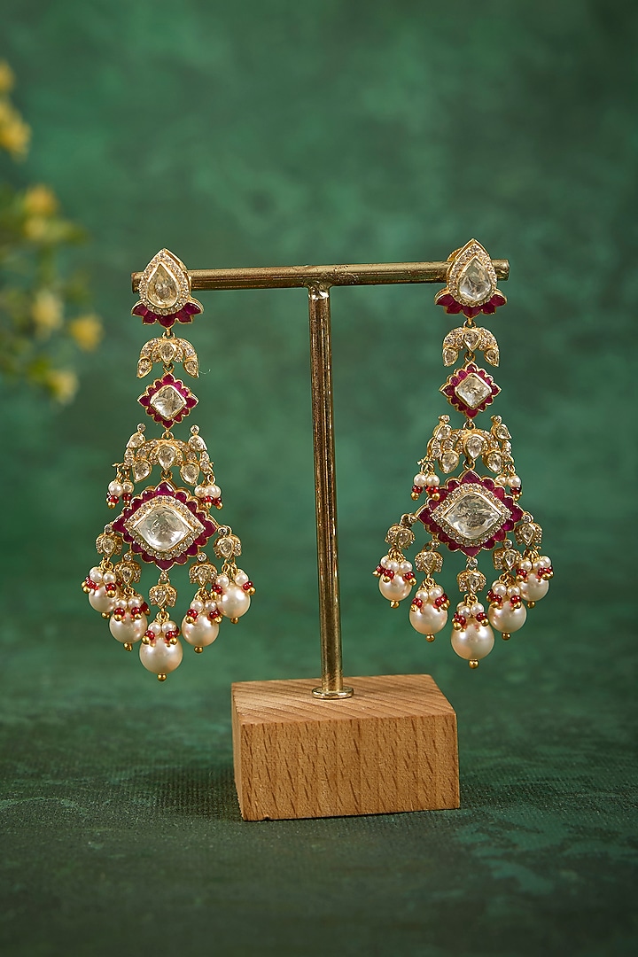 Gold Plated Kundan Polki & Ruby Stone Dangler Earrings In Sterling Silver by Kaari at Pernia's Pop Up Shop
