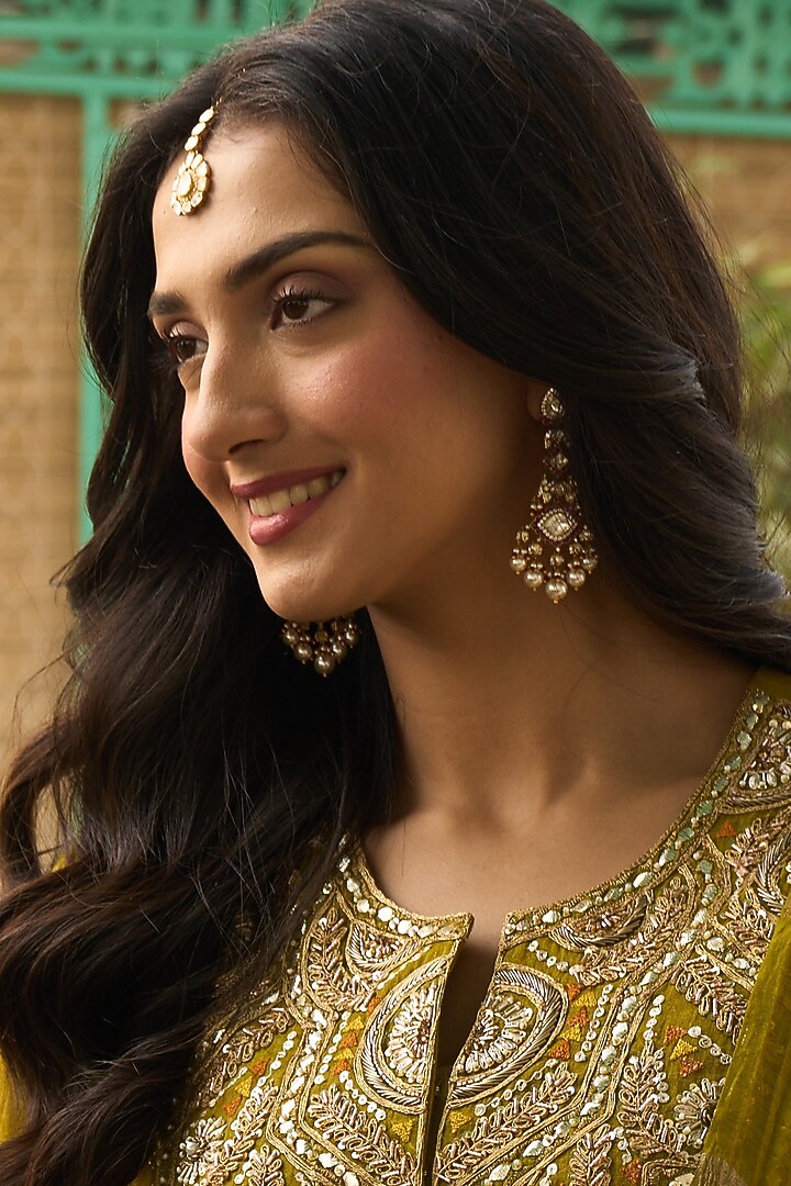 Gold Plated Kundan Polki & Ruby Stone Dangler Earrings In Sterling Silver by Kaari at Pernia's Pop Up Shop
