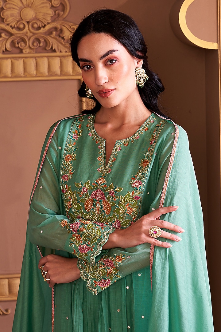 Gold Plated Kundan Polki & Emerald Stone Chandbali Earrings In Sterling Silver by Kaari at Pernia's Pop Up Shop