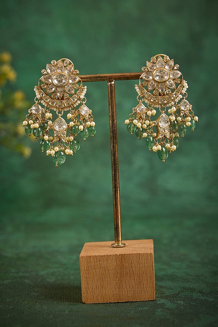 Gold Plated Kundan Polki & Emerald Stone Chandbali Earrings In Sterling Silver by Kaari at Pernia's Pop Up Shop