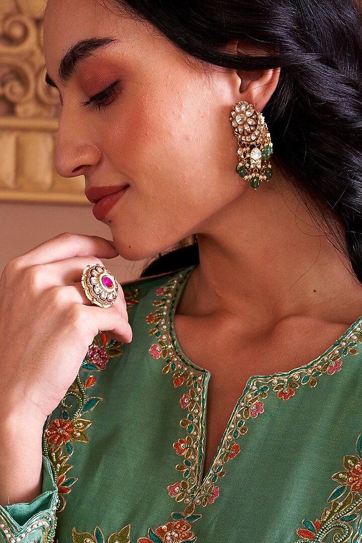 Gold Plated Kundan Polki & Emerald Stone Chandbali Earrings In Sterling Silver by Kaari at Pernia's Pop Up Shop
