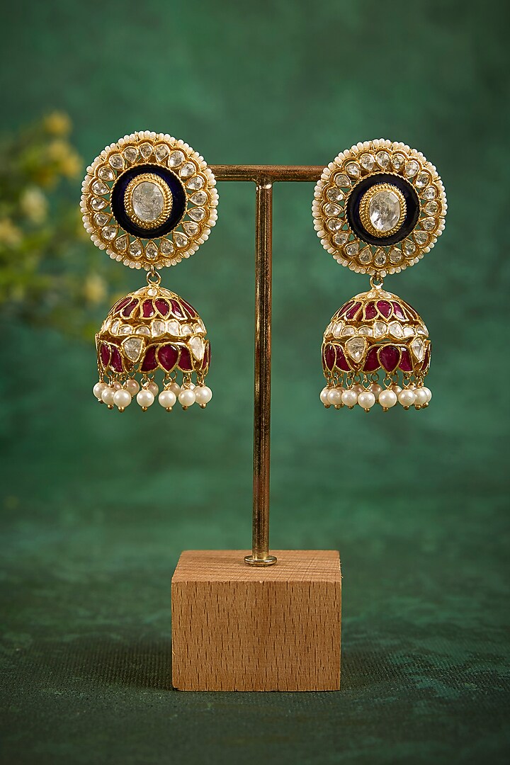 Gold Plated Kundan Polki Enameled Jhumka Earrings In Sterling Silver by Kaari at Pernia's Pop Up Shop