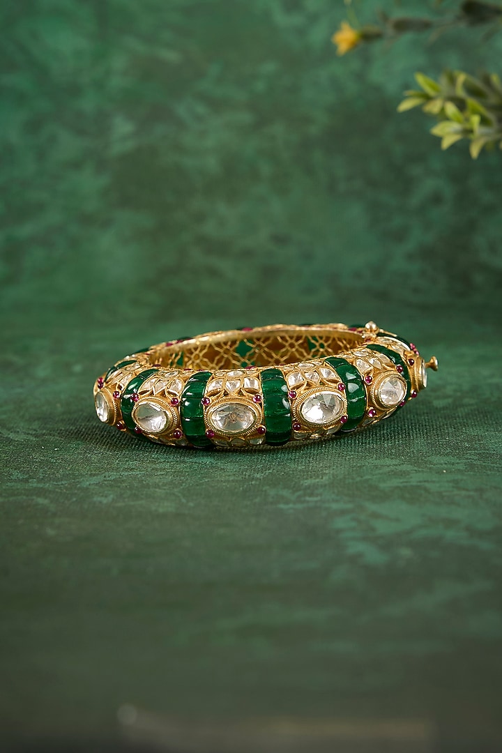 Gold Plated Kundan Polki & Emerald Stone Kada In Sterling Silver by Kaari at Pernia's Pop Up Shop