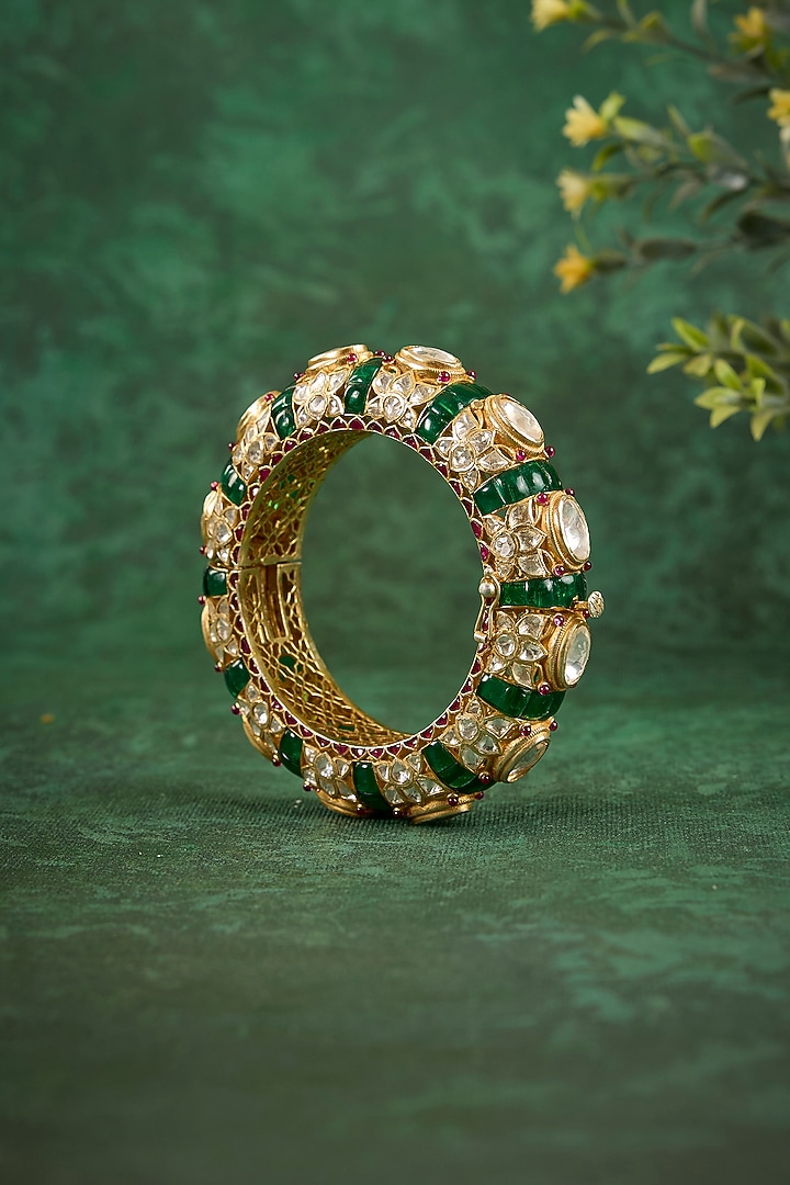 Gold Plated Kundan Polki & Emerald Stone Kada In Sterling Silver by Kaari at Pernia's Pop Up Shop