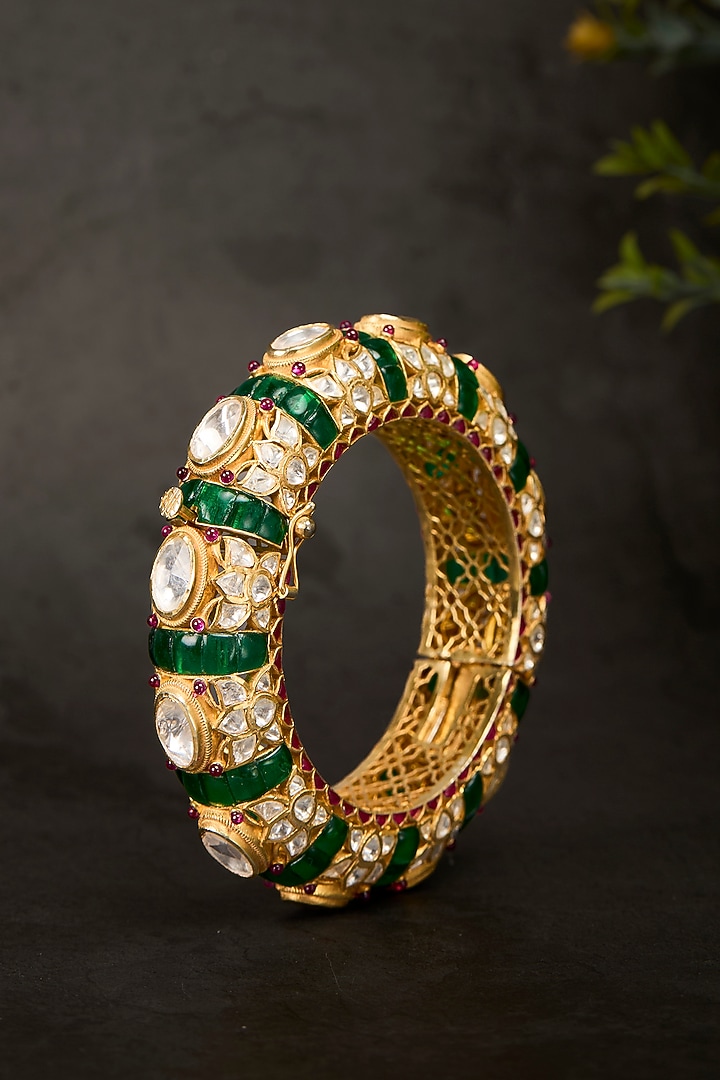 Gold Plated Kundan Polki & Emerald Stone Kada In Sterling Silver by Kaari at Pernia's Pop Up Shop