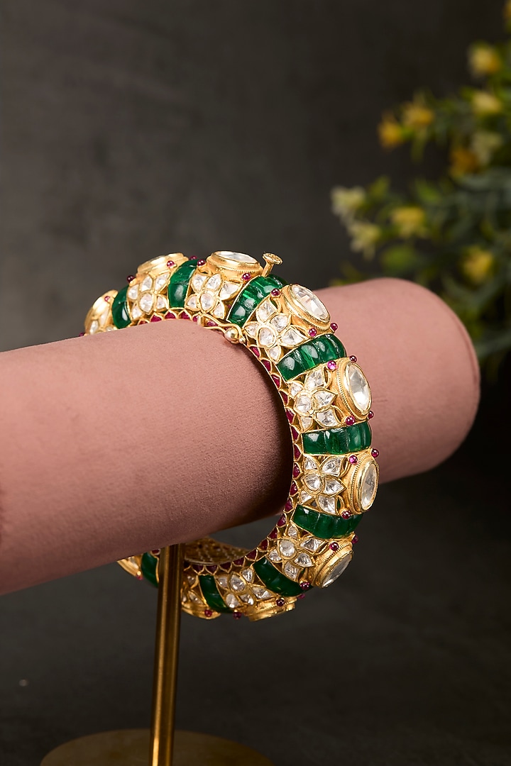 Gold Plated Kundan Polki & Emerald Stone Kada In Sterling Silver by Kaari at Pernia's Pop Up Shop