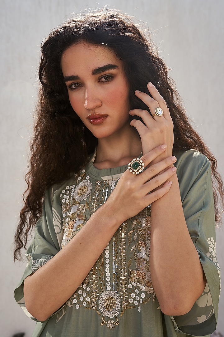 Gold Plated Kundan Polki & Emerald Stone Ring In Sterling Silver by Kaari at Pernia's Pop Up Shop