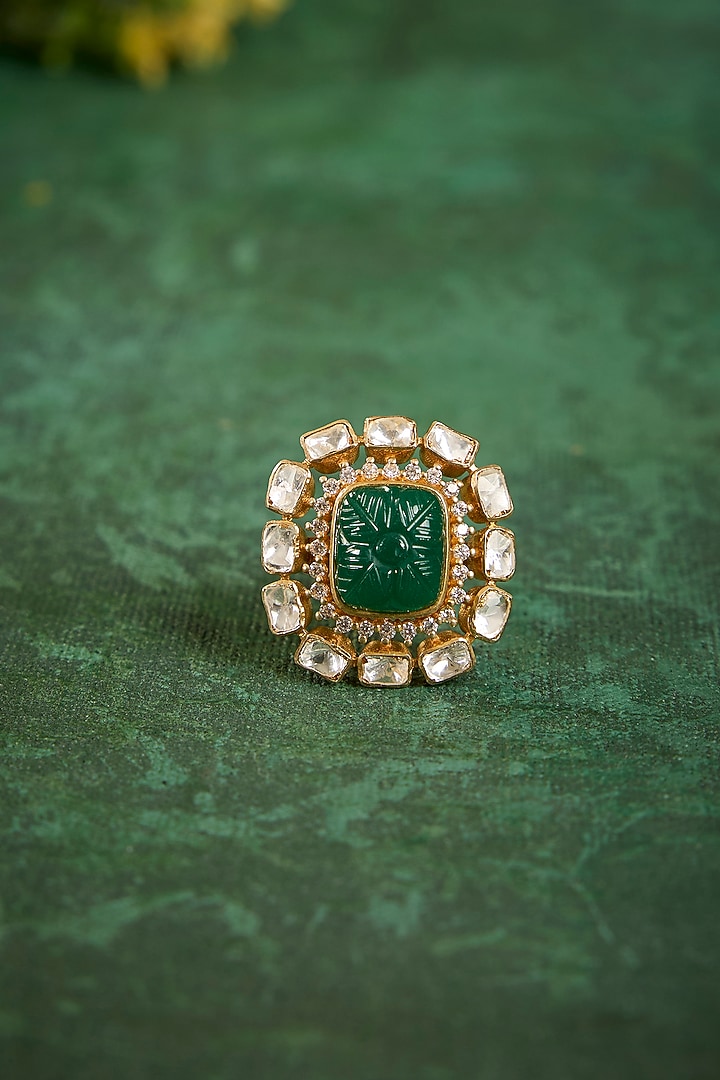 Gold Plated Kundan Polki & Emerald Stone Ring In Sterling Silver by Kaari at Pernia's Pop Up Shop