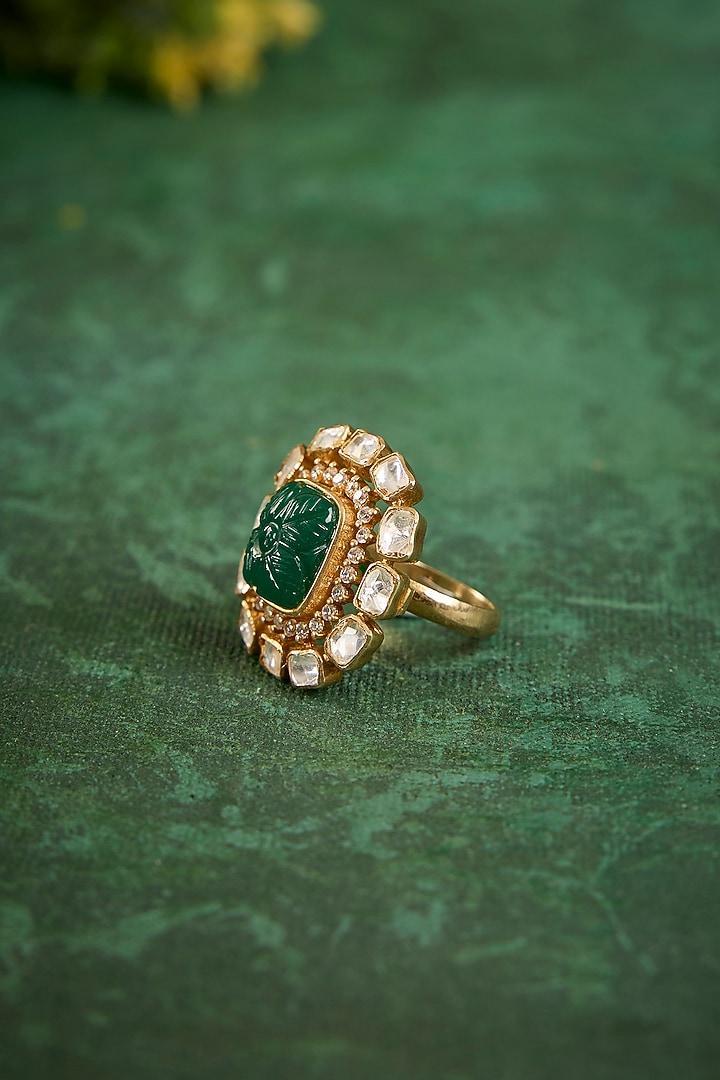 Gold Plated Kundan Polki & Emerald Stone Ring In Sterling Silver by Kaari at Pernia's Pop Up Shop