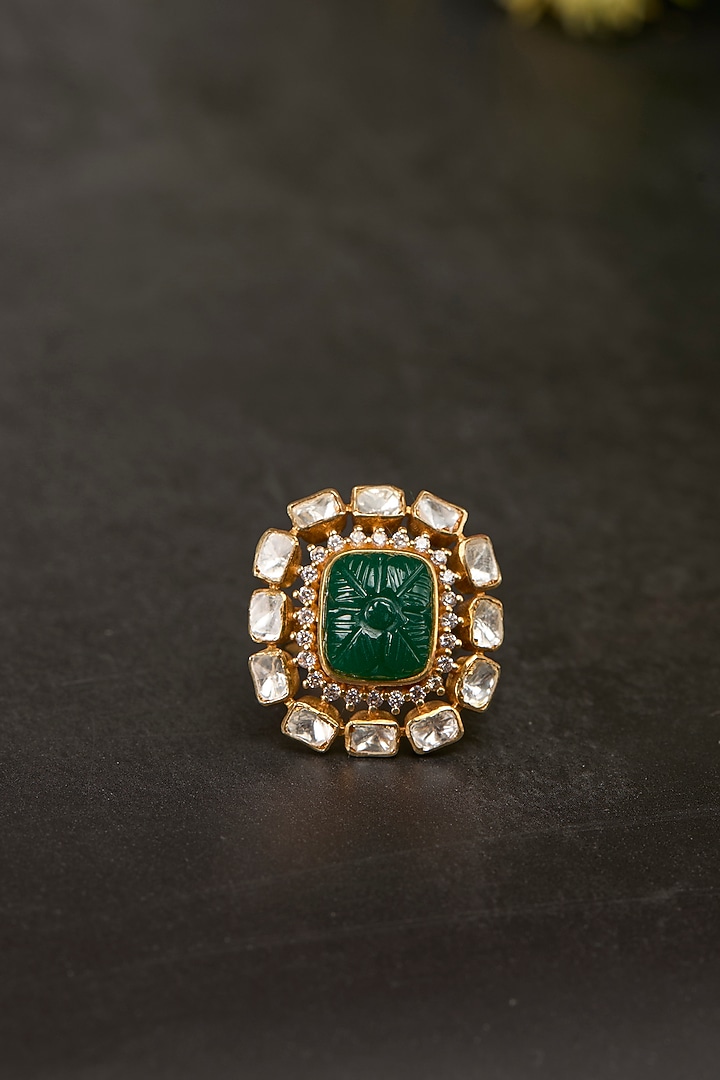Gold Plated Kundan Polki & Emerald Stone Ring In Sterling Silver by Kaari at Pernia's Pop Up Shop