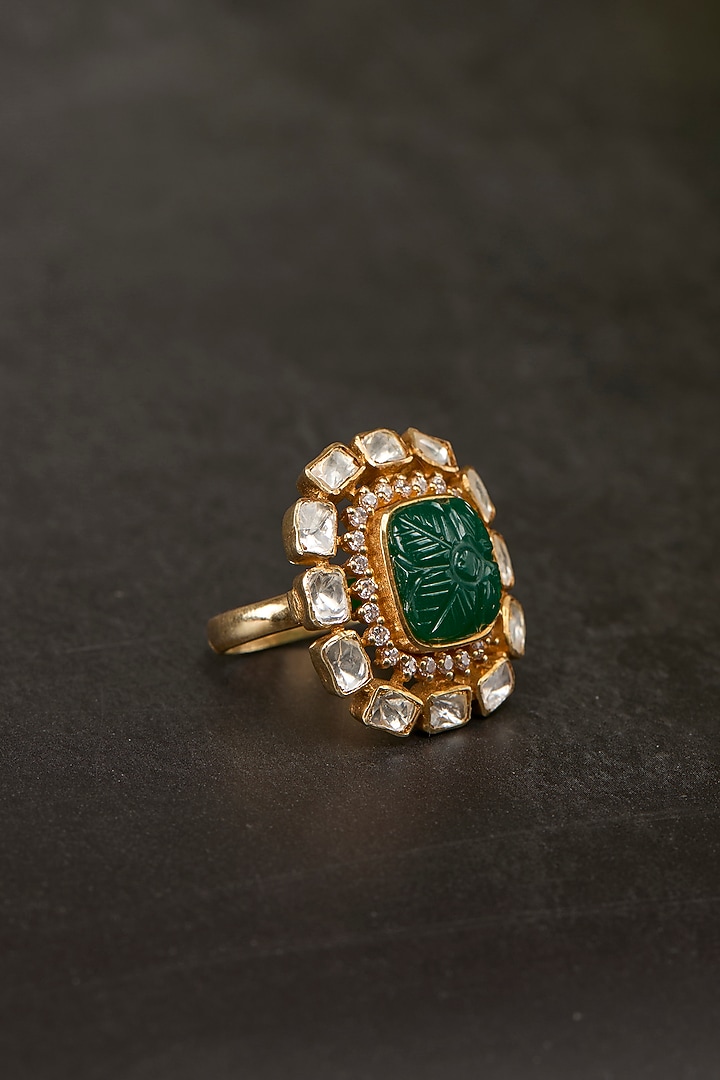 Gold Plated Kundan Polki & Emerald Stone Ring In Sterling Silver by Kaari at Pernia's Pop Up Shop