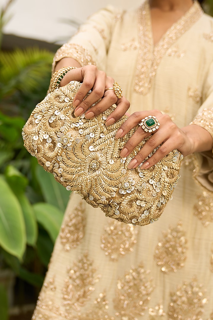 Gold Plated Kundan Polki & Emerald Stone Ring In Sterling Silver by Kaari at Pernia's Pop Up Shop