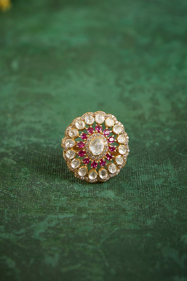 Gold Plated Kundan Polki & Ruby Stone Ring In Sterling Silver by Kaari at Pernia's Pop Up Shop
