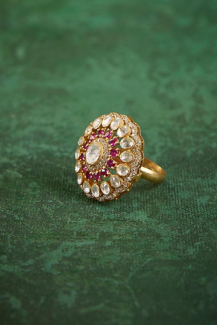 Gold Plated Kundan Polki & Ruby Stone Ring In Sterling Silver by Kaari at Pernia's Pop Up Shop