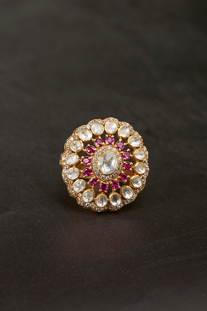 Gold Plated Kundan Polki & Ruby Stone Ring In Sterling Silver by Kaari at Pernia's Pop Up Shop