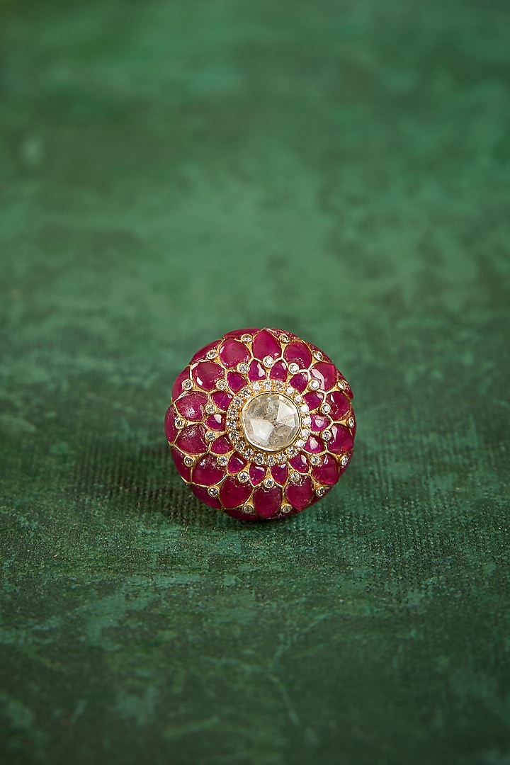 Gold Plated Kundan Polki & Ruby Stone Ring In Sterling Silver by Kaari at Pernia's Pop Up Shop