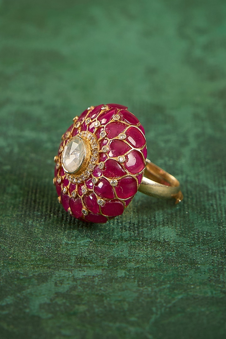 Gold Plated Kundan Polki & Ruby Stone Ring In Sterling Silver by Kaari at Pernia's Pop Up Shop