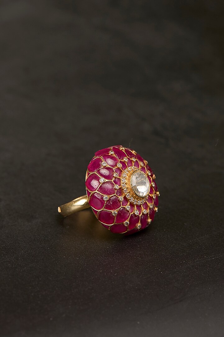 Gold Plated Kundan Polki & Ruby Stone Ring In Sterling Silver by Kaari at Pernia's Pop Up Shop