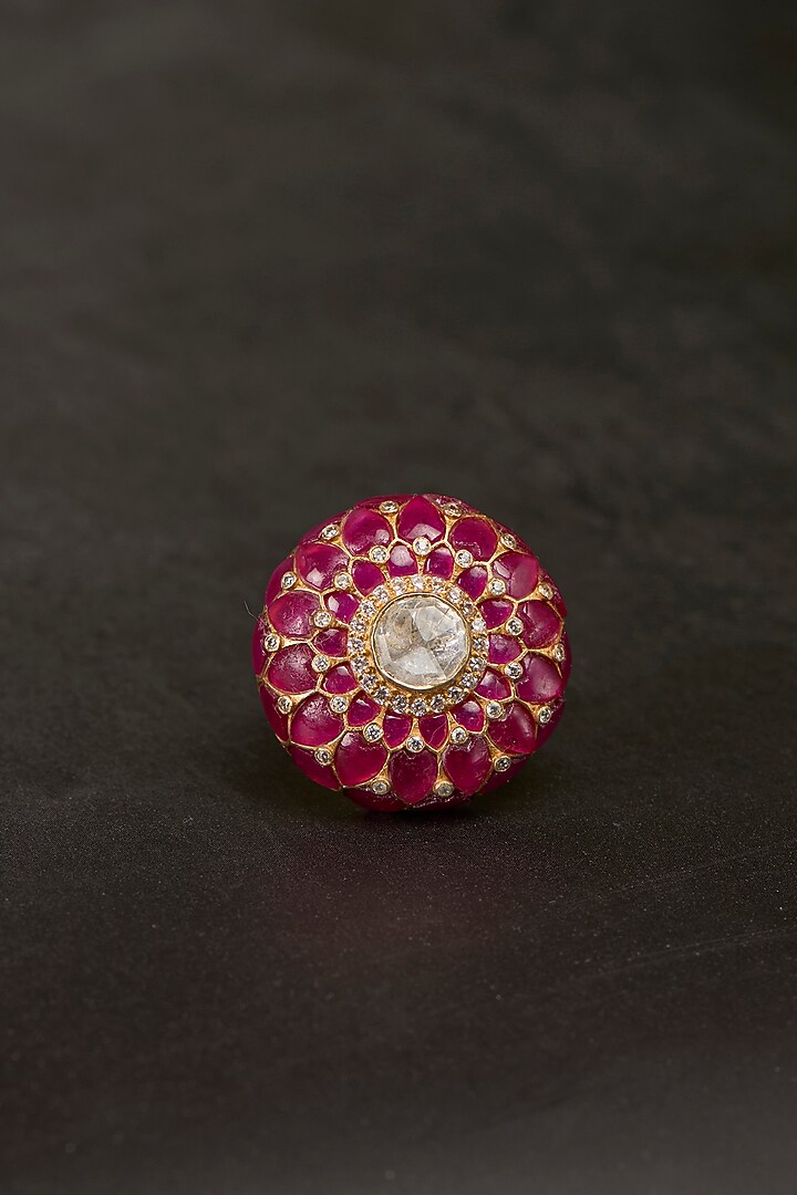 Gold Plated Kundan Polki & Ruby Stone Ring In Sterling Silver by Kaari at Pernia's Pop Up Shop
