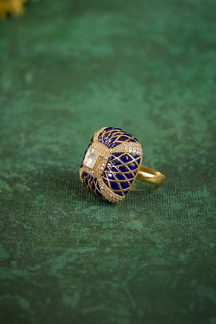Gold Plated Kundan Polki & Tanzanite Ring In Sterling Silver by Kaari at Pernia's Pop Up Shop