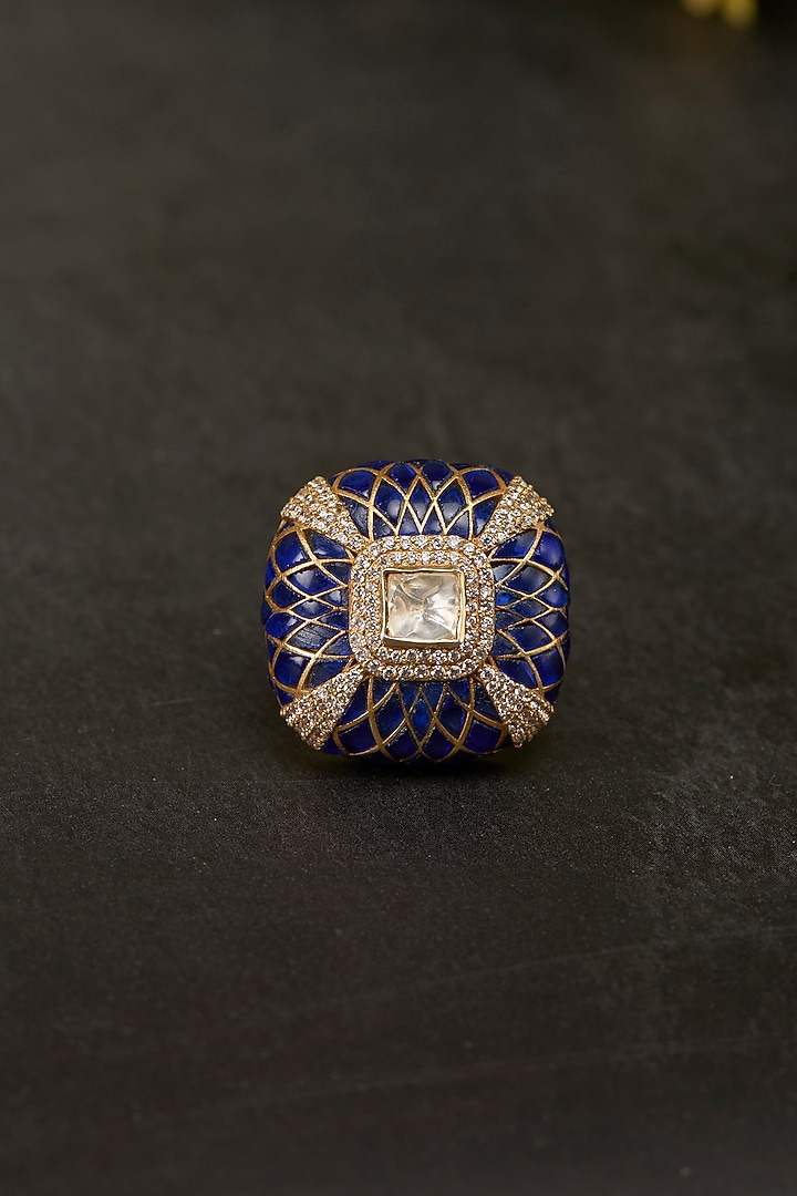 Gold Plated Kundan Polki & Tanzanite Ring In Sterling Silver by Kaari at Pernia's Pop Up Shop