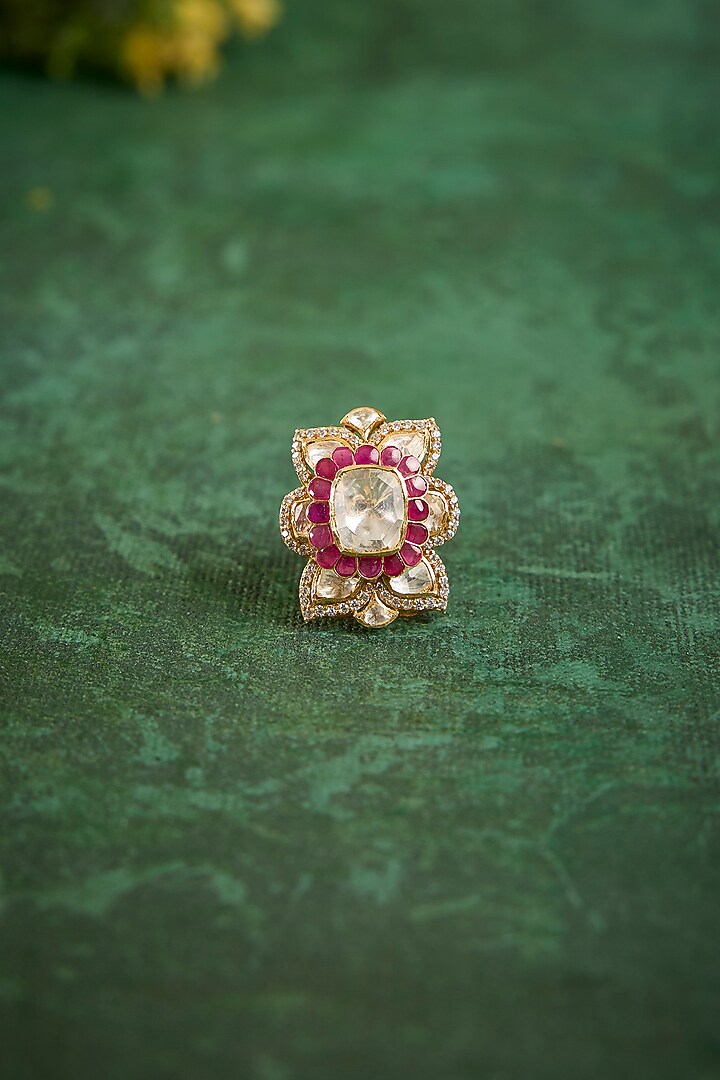 Gold Plated Kundan Polki & Ruby Stone Ring In Sterling Silver by Kaari at Pernia's Pop Up Shop