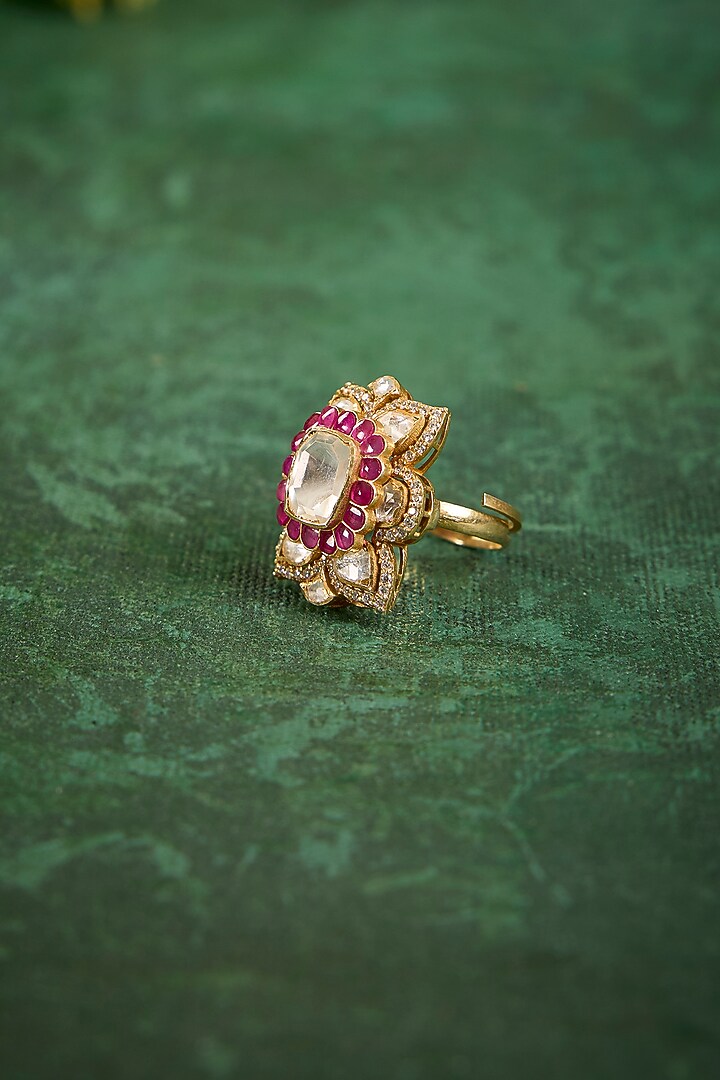Gold Plated Kundan Polki & Ruby Stone Ring In Sterling Silver by Kaari at Pernia's Pop Up Shop