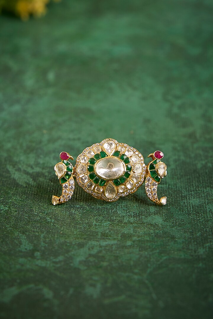 Gold Plated Kundan Polki & Emerald Stone Ring In Sterling Silver by Kaari at Pernia's Pop Up Shop