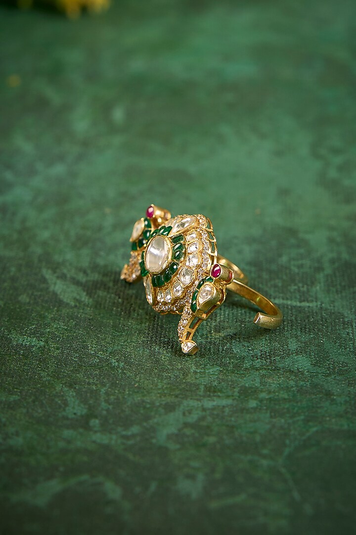 Gold Plated Kundan Polki & Emerald Stone Ring In Sterling Silver by Kaari at Pernia's Pop Up Shop