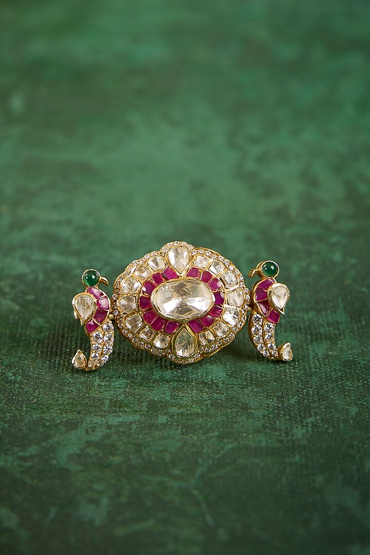 Gold Plated Kundan Polki & Ruby Stone Ring In Sterling Silver by Kaari at Pernia's Pop Up Shop