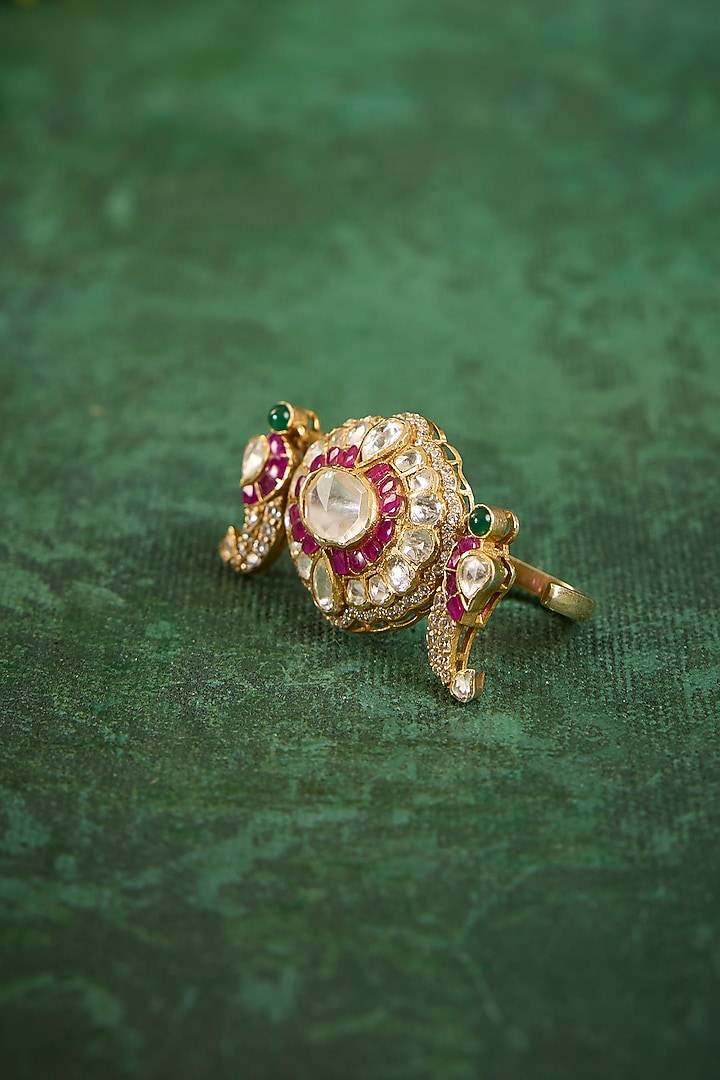Gold Plated Kundan Polki & Ruby Stone Ring In Sterling Silver by Kaari at Pernia's Pop Up Shop
