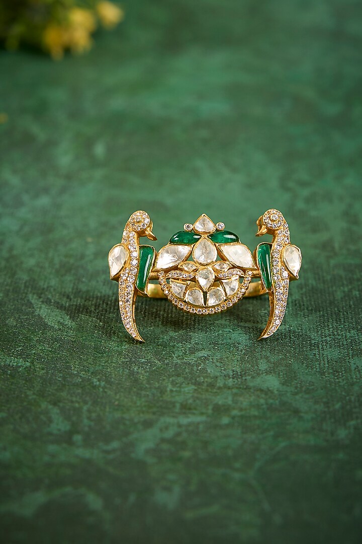 Gold Plated Kundan Polki & Emerald Stone Ring In Sterling Silver by Kaari at Pernia's Pop Up Shop