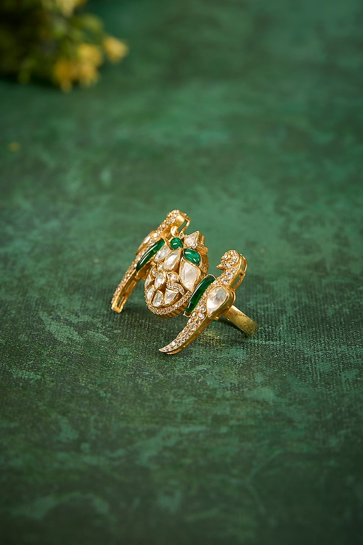 Gold Plated Kundan Polki & Emerald Stone Ring In Sterling Silver by Kaari at Pernia's Pop Up Shop