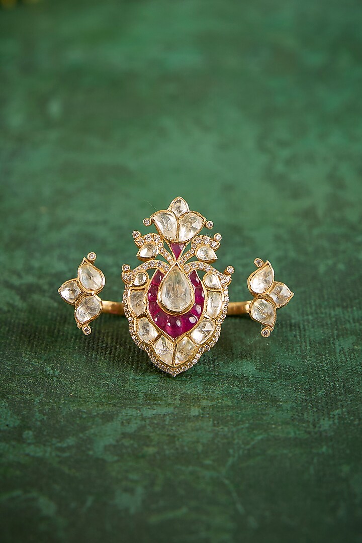Gold Plated Kundan Polki & Ruby Stone Ring In Sterling Silver by Kaari at Pernia's Pop Up Shop