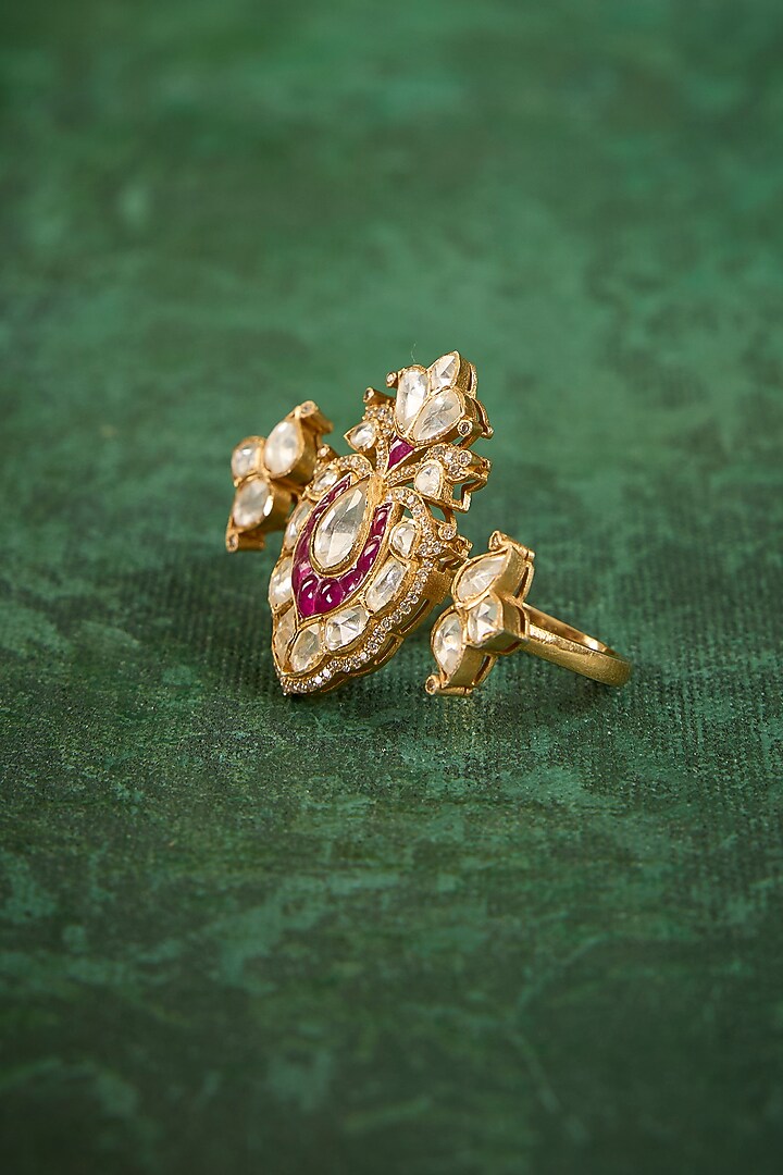 Gold Plated Kundan Polki & Ruby Stone Ring In Sterling Silver by Kaari at Pernia's Pop Up Shop