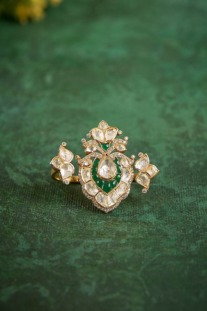 Gold Plated Kundan Polki & Emerald Stone Ring In Sterling Silver by Kaari at Pernia's Pop Up Shop