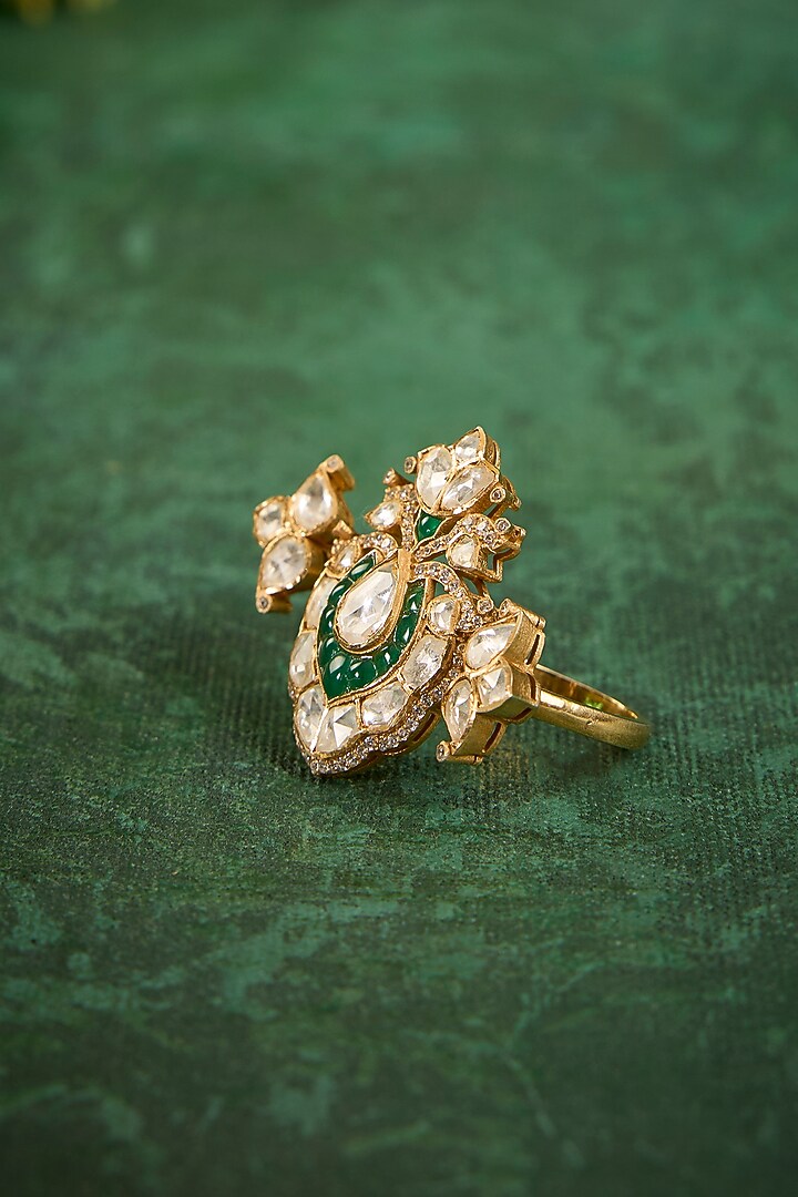 Gold Plated Kundan Polki & Emerald Stone Ring In Sterling Silver by Kaari at Pernia's Pop Up Shop