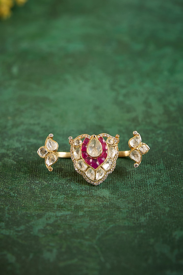 Gold Plated Kundan Polki & Ruby Stone Ring In Sterling Silver by Kaari at Pernia's Pop Up Shop