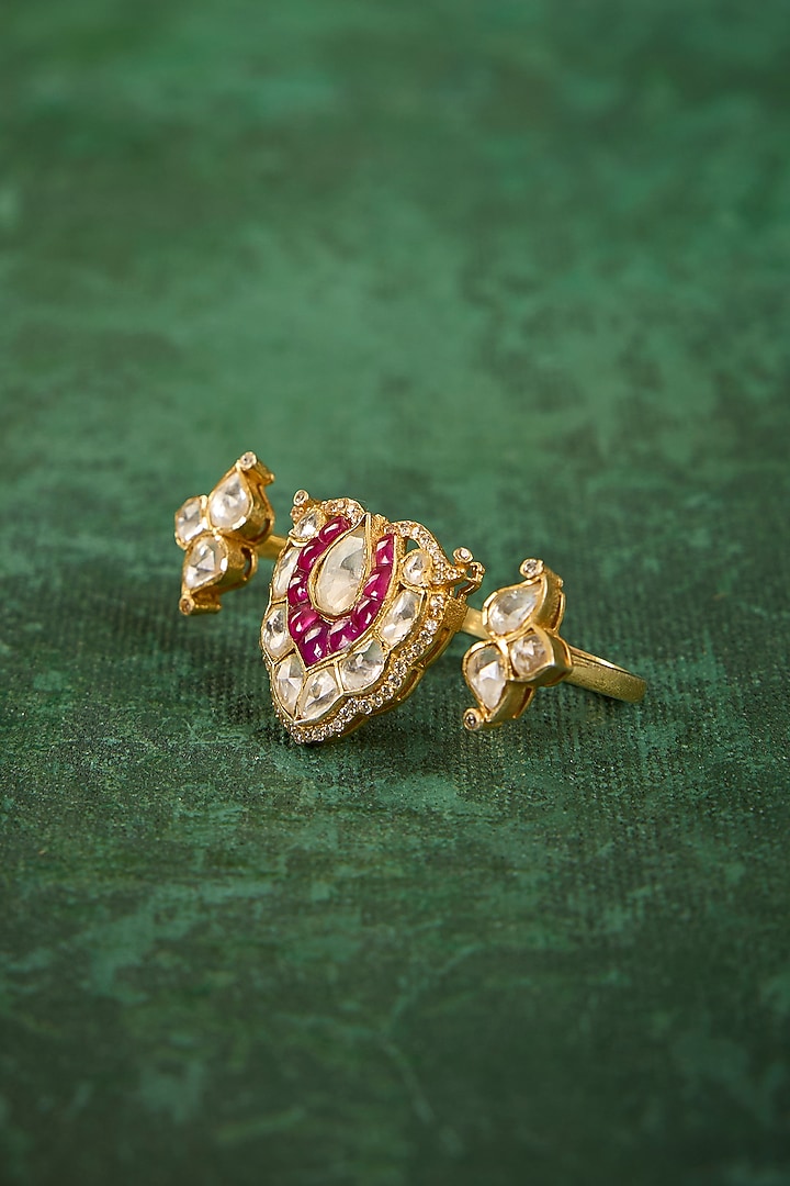Gold Plated Kundan Polki & Ruby Stone Ring In Sterling Silver by Kaari at Pernia's Pop Up Shop