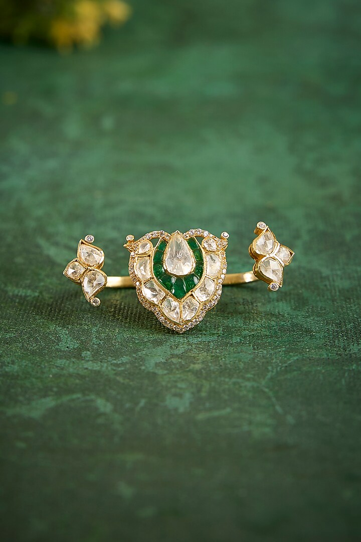 Gold Plated Kundan Polki & Emerald Stone Ring In Sterling Silver by Kaari at Pernia's Pop Up Shop