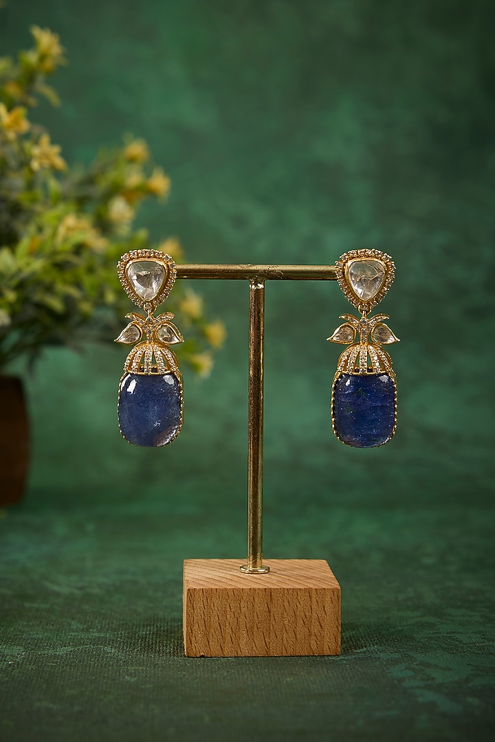 Gold Plated Kundan Polki & Tanzanite Dangler Earrings In Sterling Silver by Kaari at Pernia's Pop Up Shop