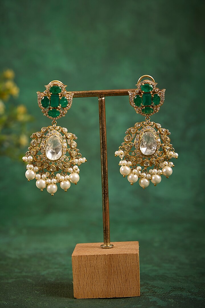 Gold Plated Kundan Polki & Emerald Stone Dangler Earrings In Sterling Silver by Kaari at Pernia's Pop Up Shop