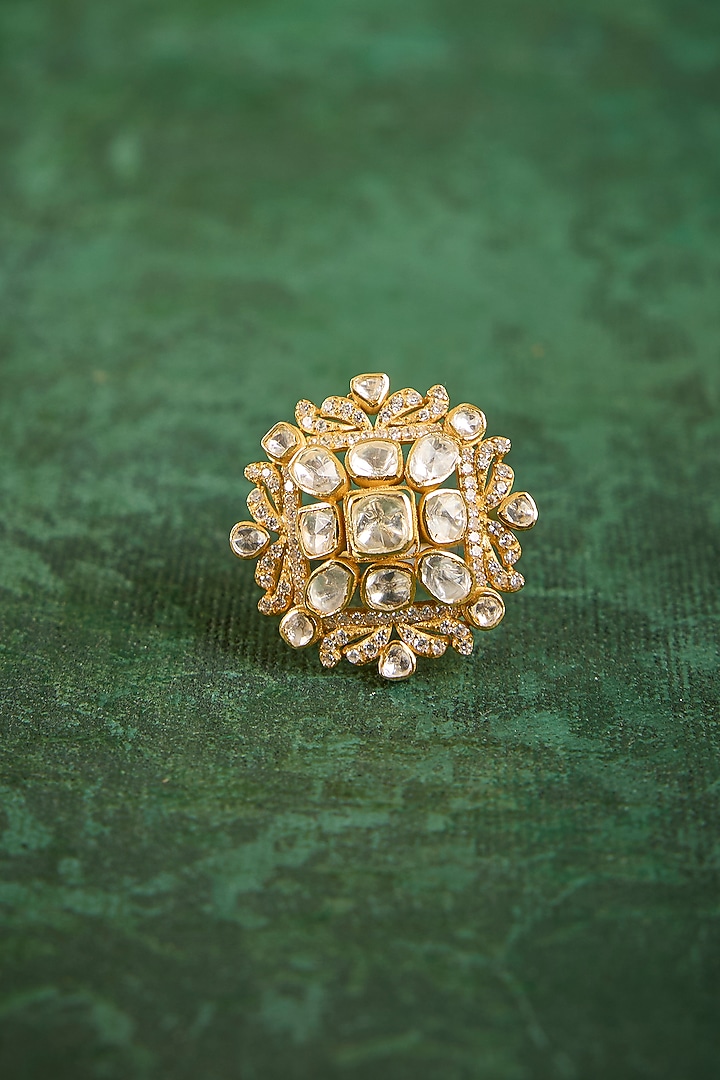 Gold Plated Kundan Polki & CZ Diamond Ring In Sterling Silver by Kaari at Pernia's Pop Up Shop