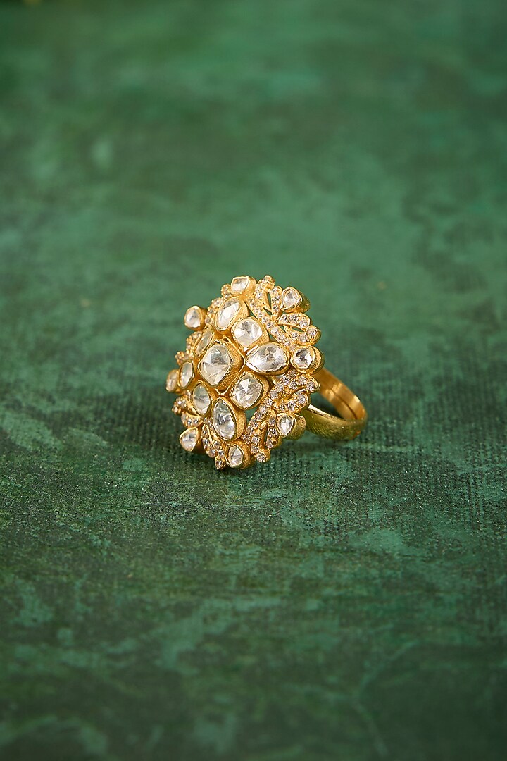 Gold Plated Kundan Polki & CZ Diamond Ring In Sterling Silver by Kaari at Pernia's Pop Up Shop