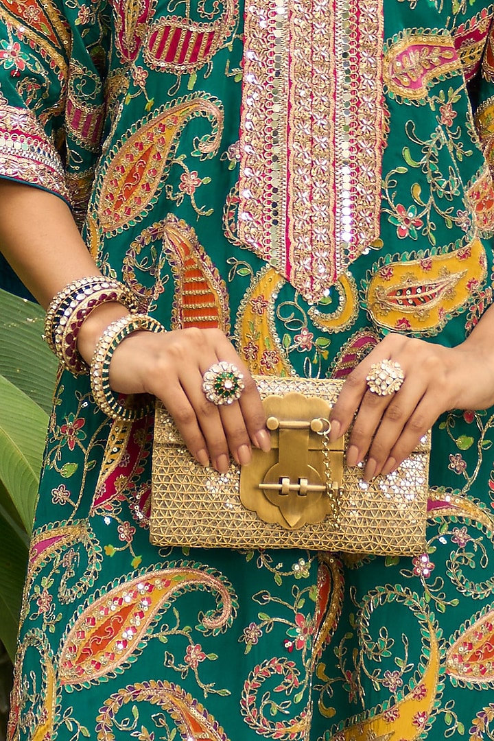 Gold Plated Kundan Polki & Emerald Stone Ring In Sterling Silver by Kaari at Pernia's Pop Up Shop
