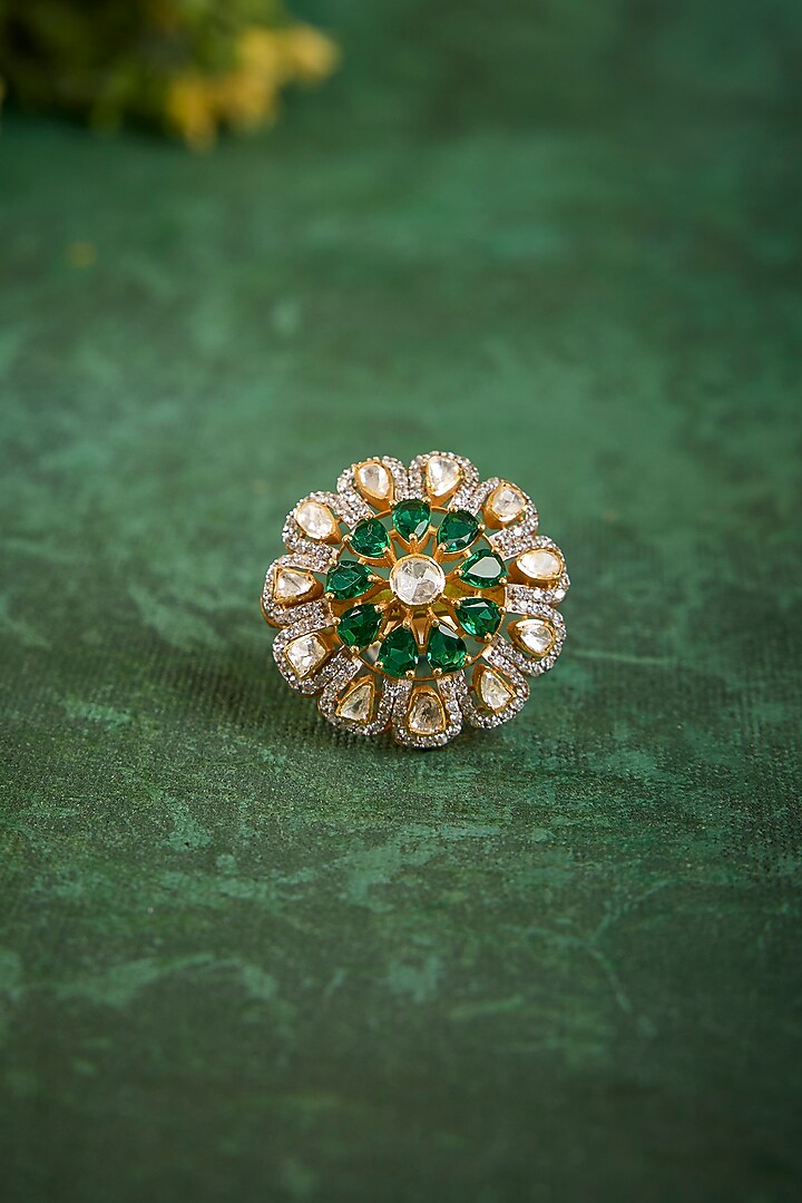 Gold Plated Kundan Polki & Emerald Stone Ring In Sterling Silver by Kaari at Pernia's Pop Up Shop