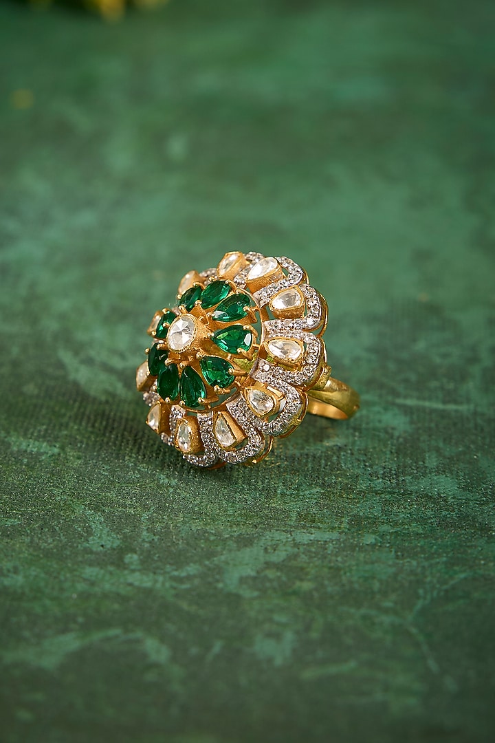 Gold Plated Kundan Polki & Emerald Stone Ring In Sterling Silver by Kaari at Pernia's Pop Up Shop