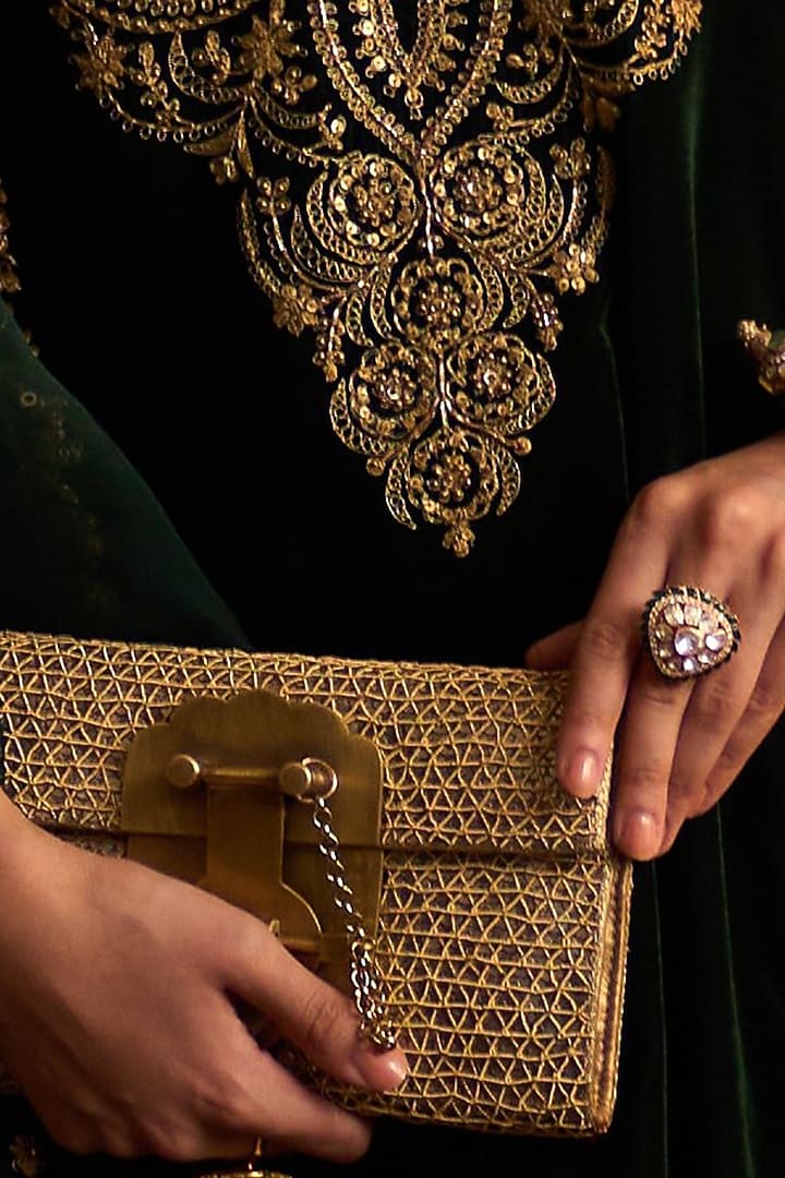 Gold Plated Kundan Polki & Emerald Stone Ring In Sterling Silver by Kaari at Pernia's Pop Up Shop