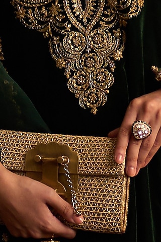 Gold Plated Kundan Polki & Emerald Stone Ring In Sterling Silver by Kaari